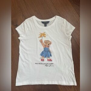 Ralph Lauren White Polo Bear Tee with Blue Dress Graphic. Size M 8-10